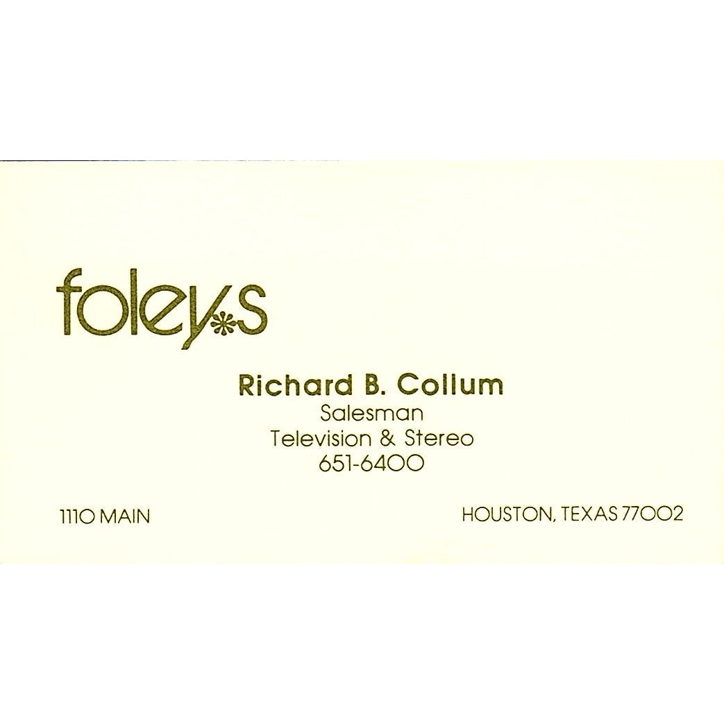 Foleys Richard B. Collum Television & Stereo TX Vintage Business Card SB4-B8