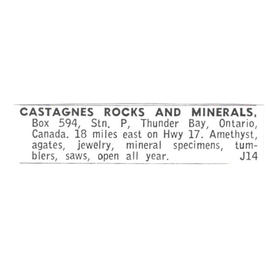 Castagnes Rocks and Minerals Thunder Bay Ontario Canada 1972 Ad AF8-S22