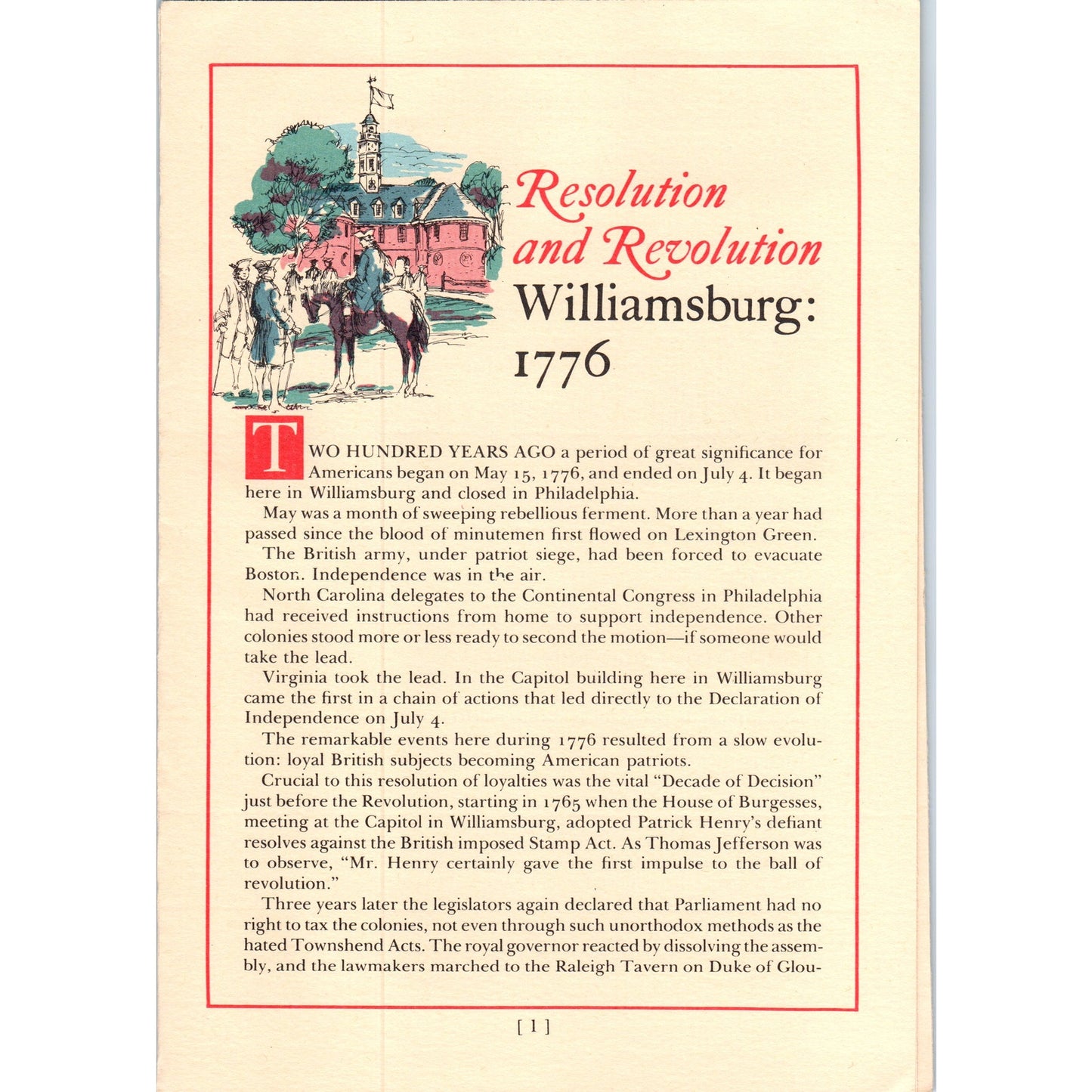 1970s Resolution and Revolution Williamsburg 1776 Travel Pamphlet TF4-BD