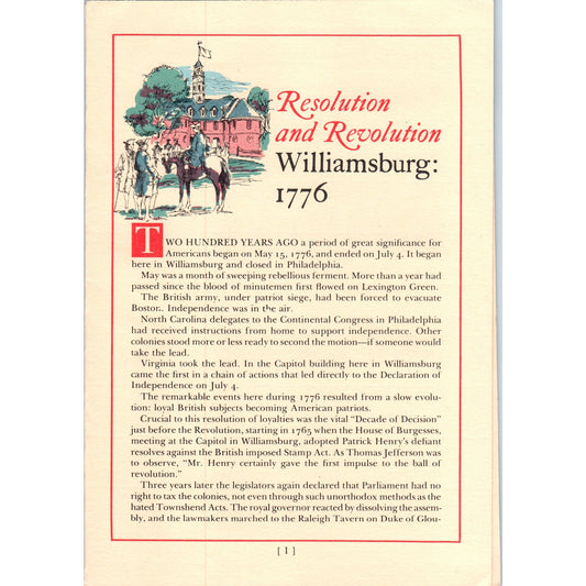 1970s Resolution and Revolution Williamsburg 1776 Travel Pamphlet TF4-BD