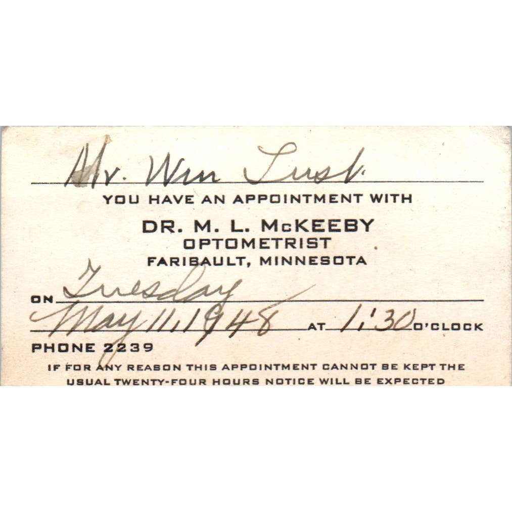 1948 Dr. M.L. McKeeby Optometrist Faribault MN Vintage Business Card AF1