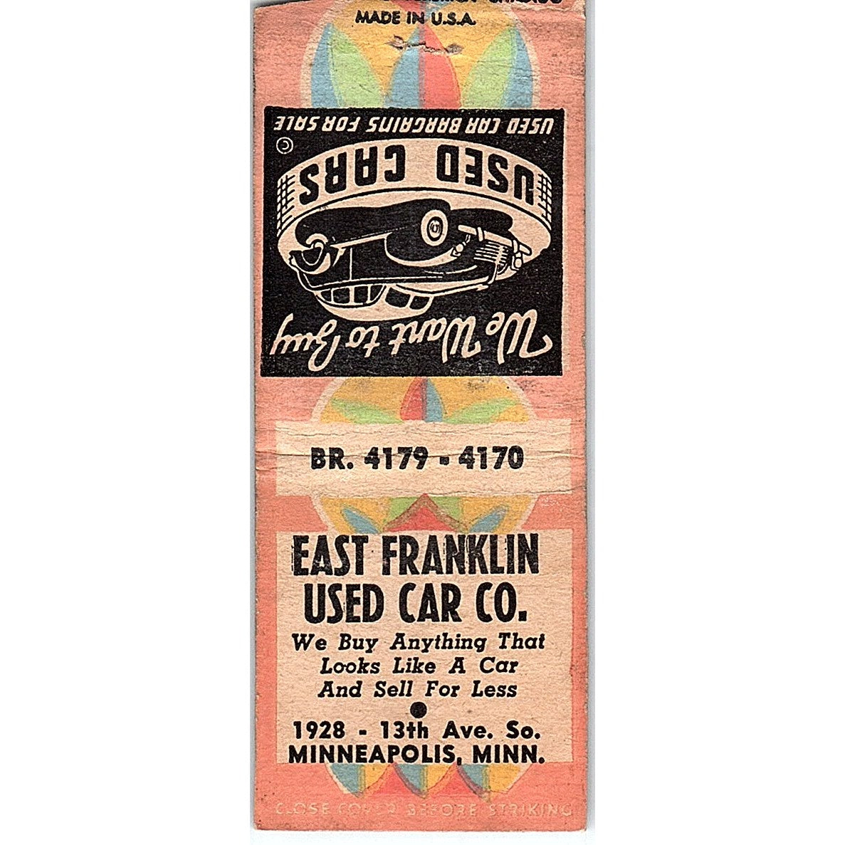 East Franklin Used Car Co Minneapolis MN Vintage Matchbook Cover SF3-Y4