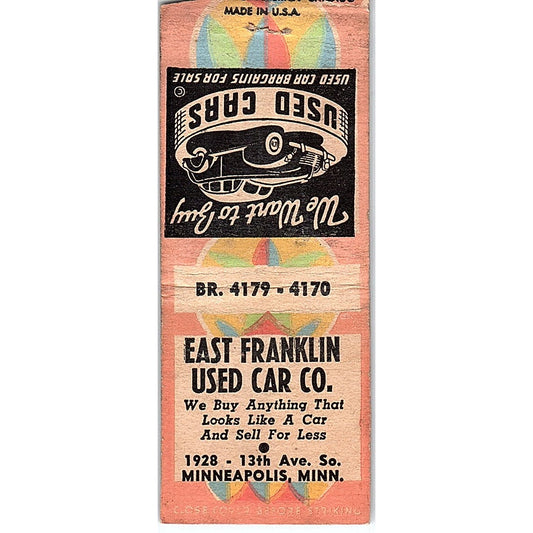 East Franklin Used Car Co Minneapolis MN Vintage Matchbook Cover SF3-Y4