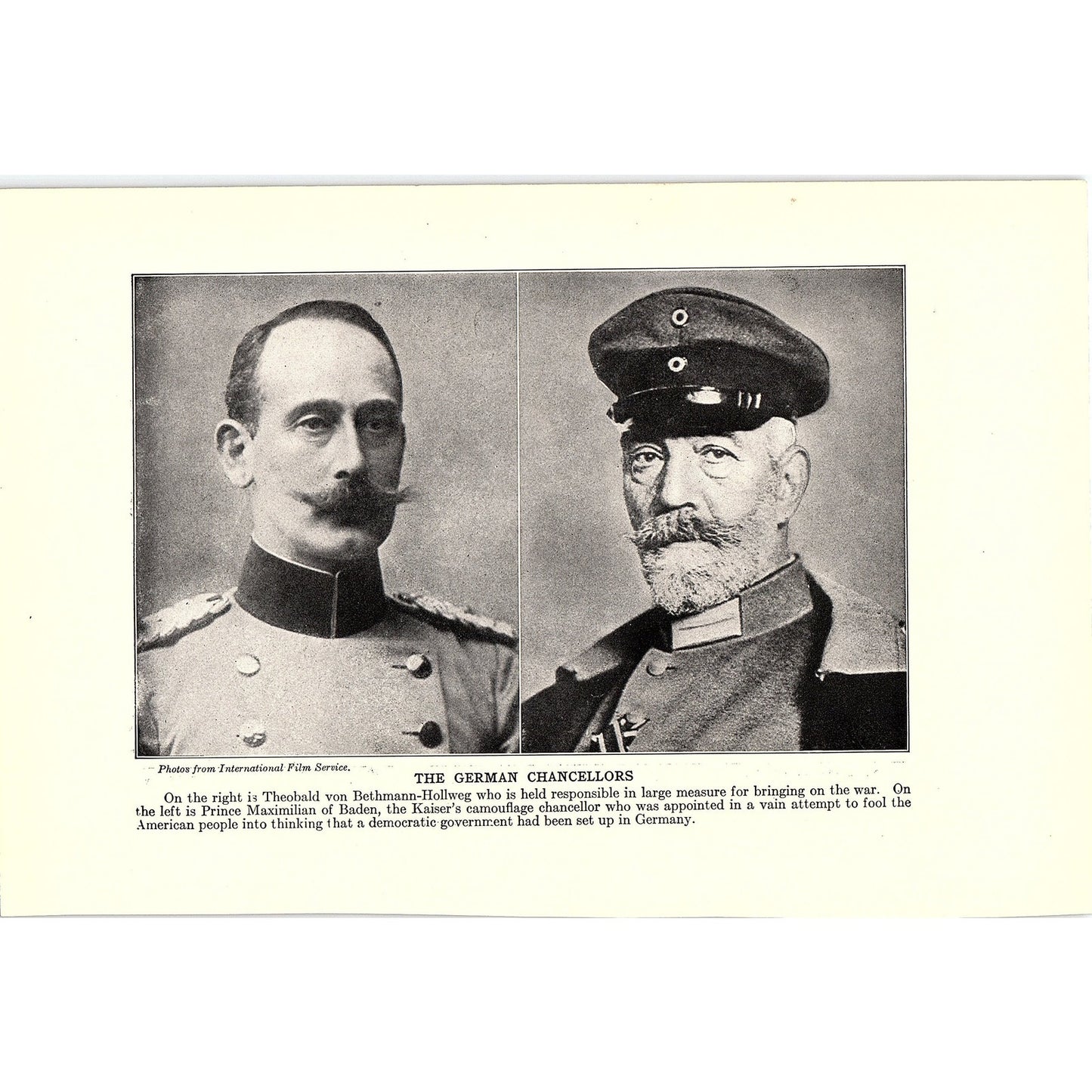 Theobald Von Bethmann-Hollweg, Prince Maximilian of Baden 1919 WWI Print AG1-2