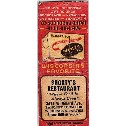 Shorty's Restaurant 3411 W Villard Ave Milwaukee Vintage Matchbook Cover SC7-Y10