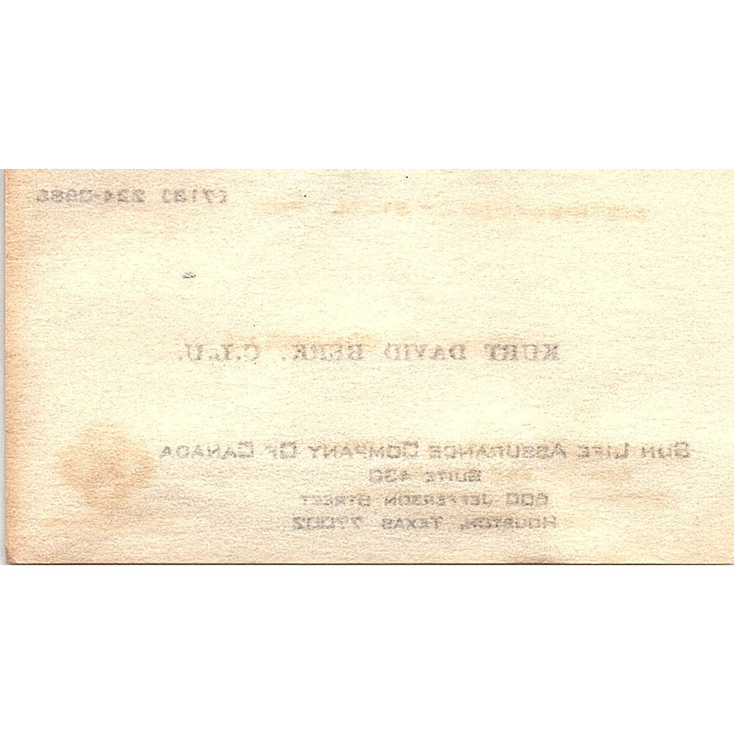 Kurt David Berk CLU Sun Life Assurance Houston Vintage Business Card SD9-B7