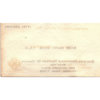 Kurt David Berk CLU Sun Life Assurance Houston Vintage Business Card SD9-B7