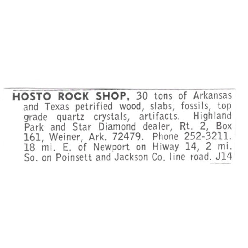 Hosto Rock Shop Petrified Wood Weiner Arkansas 1972 Ad AF8-S24