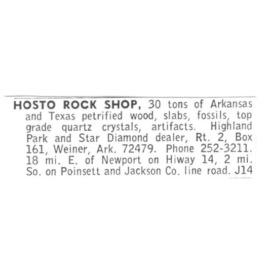 Hosto Rock Shop Petrified Wood Weiner Arkansas 1972 Ad AF8-S24