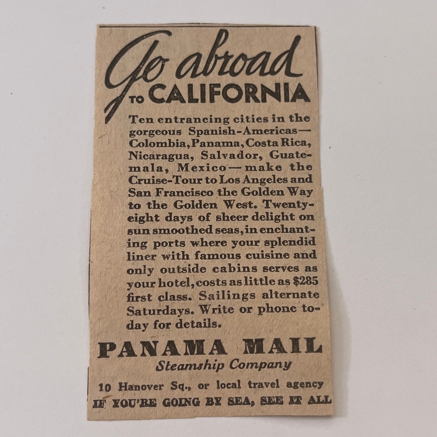 Panama Mall Steamship Company New York NY 1931 Newspaper Ad SAG4-S13