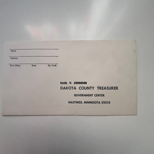 Earl V. Zehnder Dakota County Treasurer Hastings MN Postal Envelope AJ4-H4