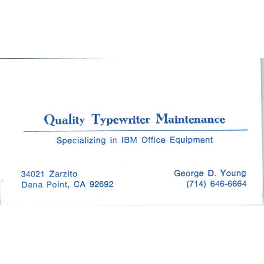 George D. Young Quality Typewriter Maintenance Dana Point Business Card SE3-B2