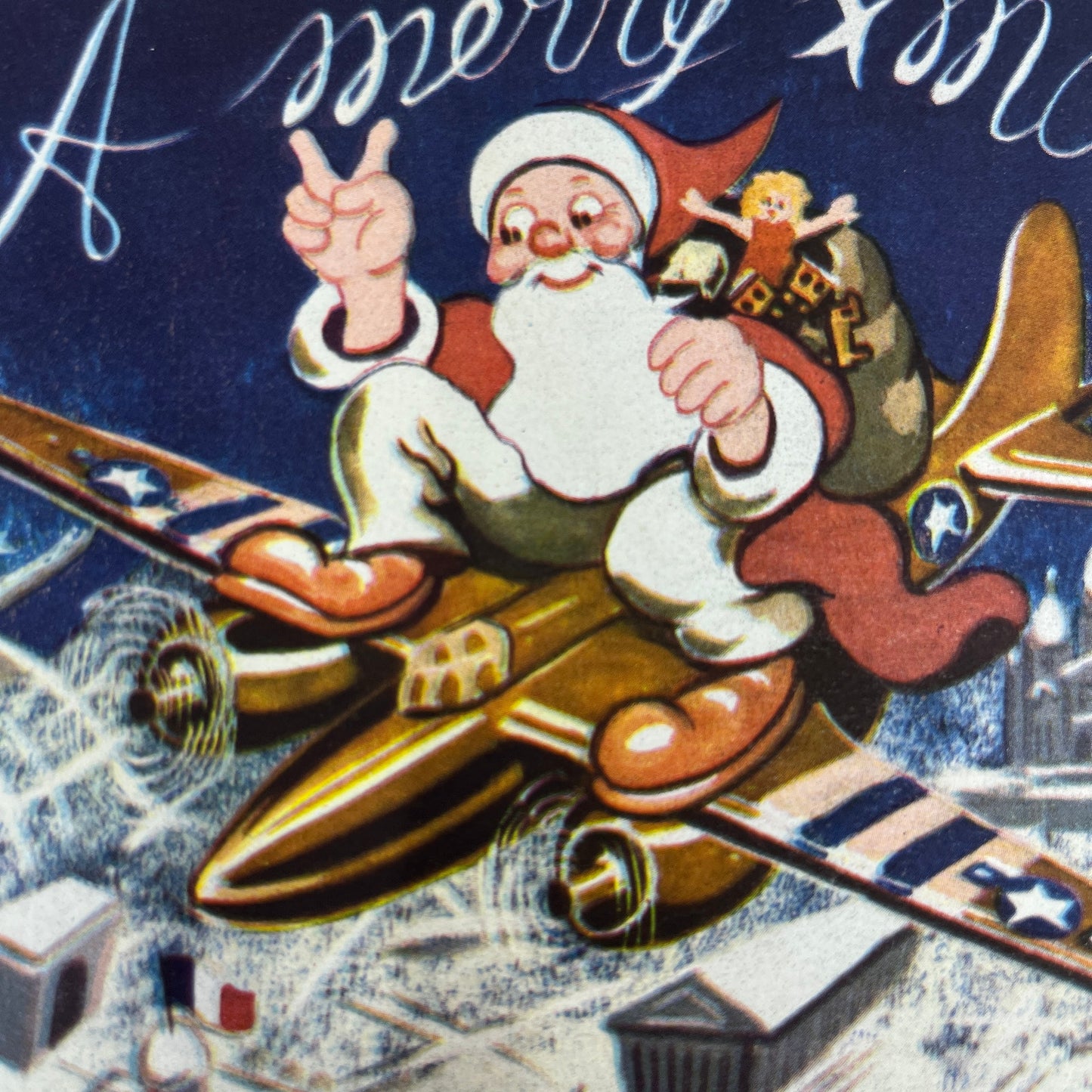 c1945 WWII Army Military Christmas Card Blank Santa on Army Plane TA9-E1