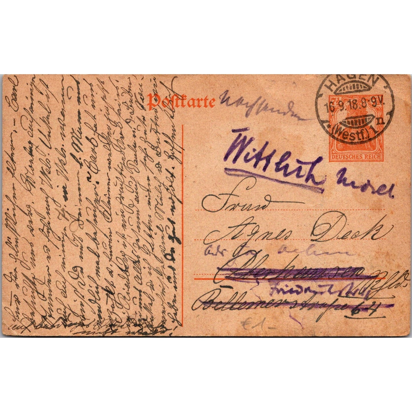 WWI Hagen Westfalia Agnes Deck 1918 German Reich Postcard P5-11