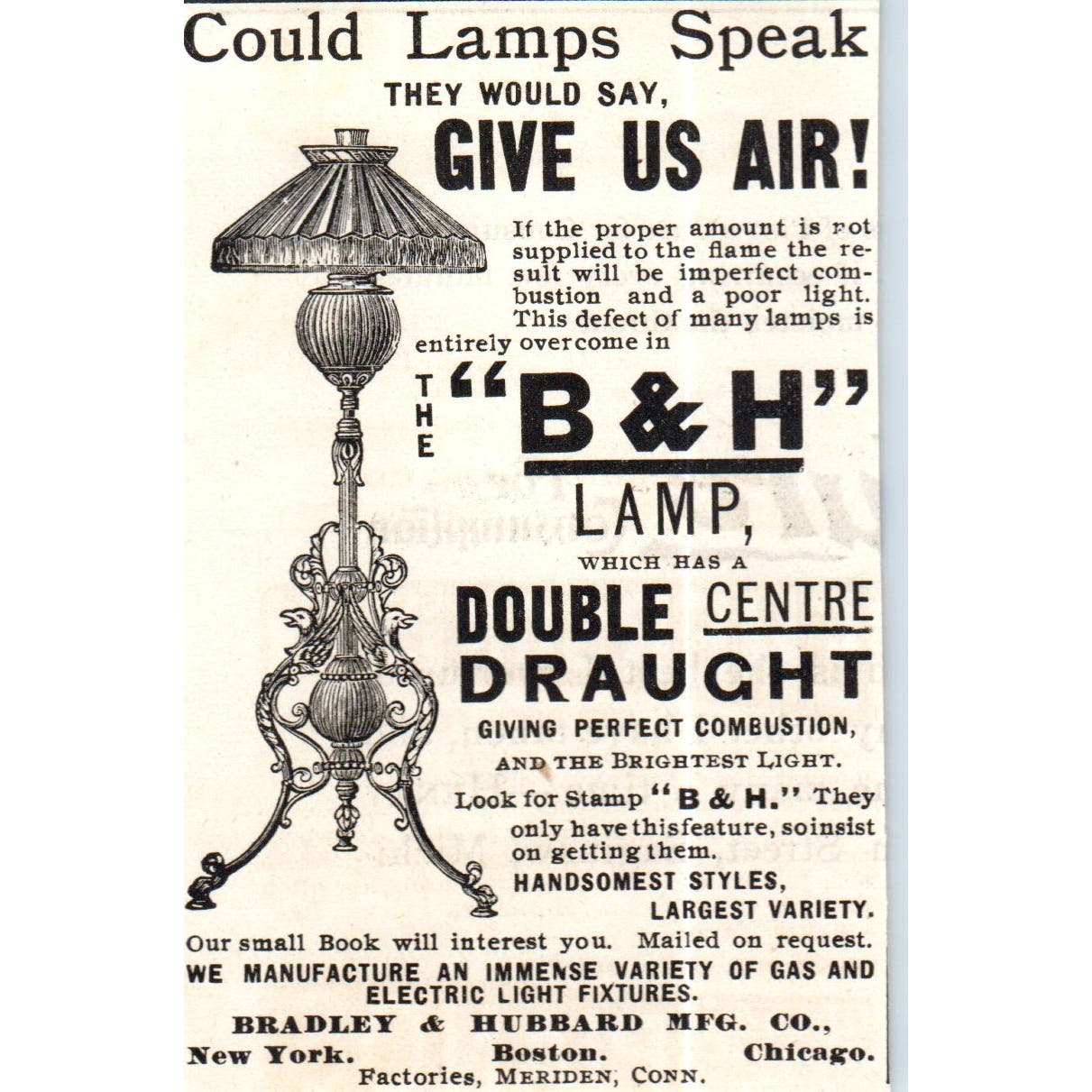 The B&H Lamp Bradley & Hubbard Boston c1890 Victorian Ad AE8-CH5
