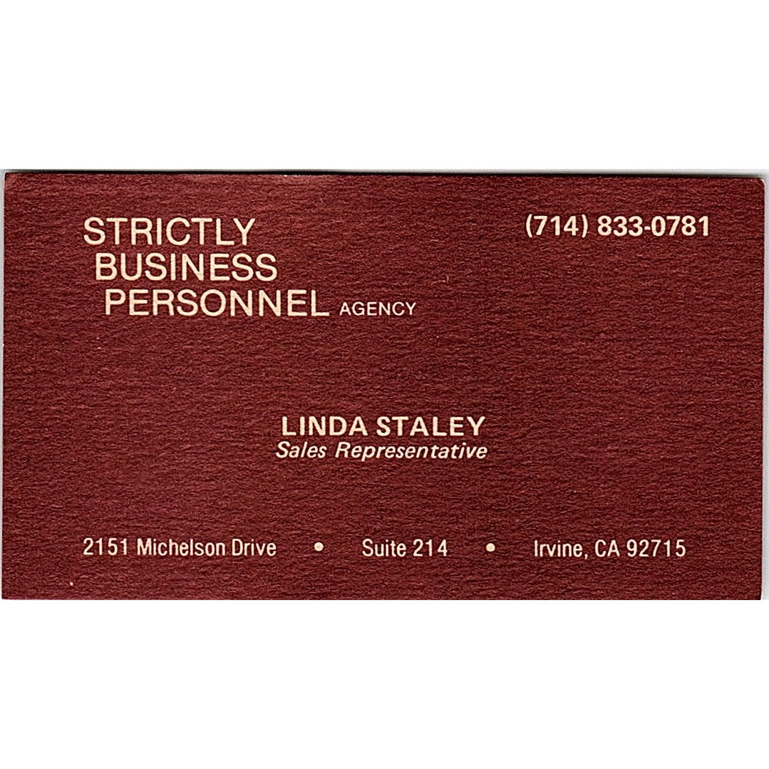 Strictly Business Personnel Agency Linda Staley Irvine CA Business Card SF3-B7