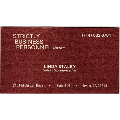 Strictly Business Personnel Agency Linda Staley Irvine CA Business Card SF3-B7