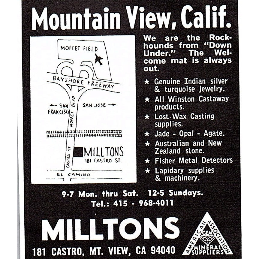Milltons Lapidary Supply Mountain View CA 1972 Ad AF8-M1
