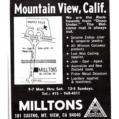 Milltons Lapidary Supply Mountain View CA 1972 Ad AF8-M1