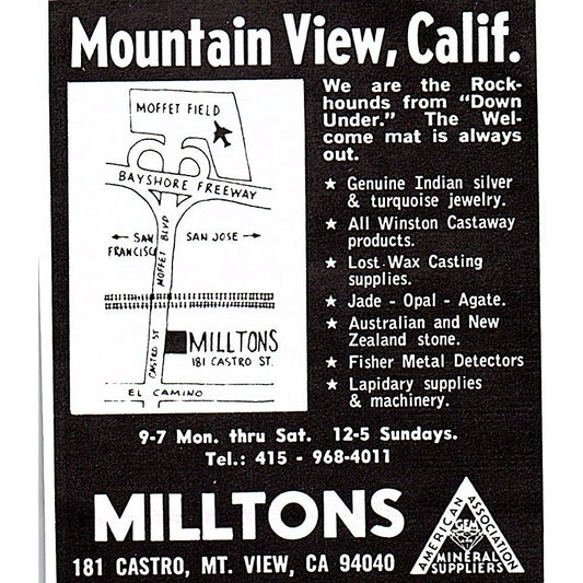 Milltons Lapidary Supply Mountain View CA 1972 Ad AF8-M1