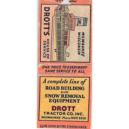 Drott Tractor Co inc Milwaukee WI Vintage Matchbook Cover SC7-Y6
