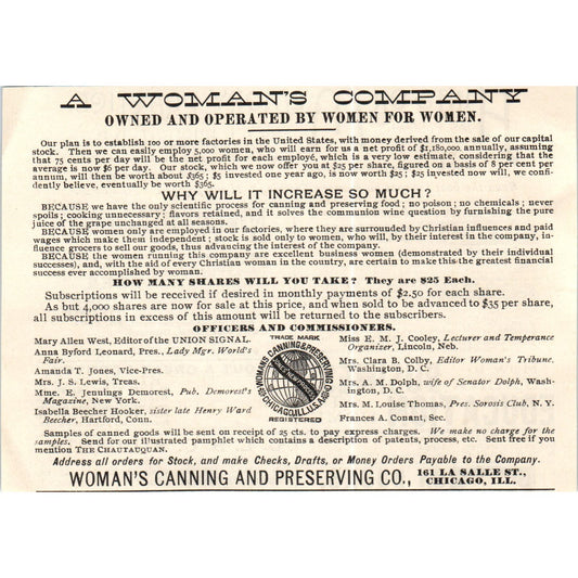 Woman's Canning & Preserving Co by Women for Women c1890 Victorian Ad AE8-CH1