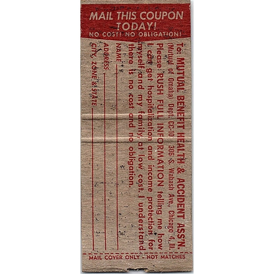 Mutual of Omaha Pay-Check Protection-Plan Vintage Matchbook Cover SC7-Y11
