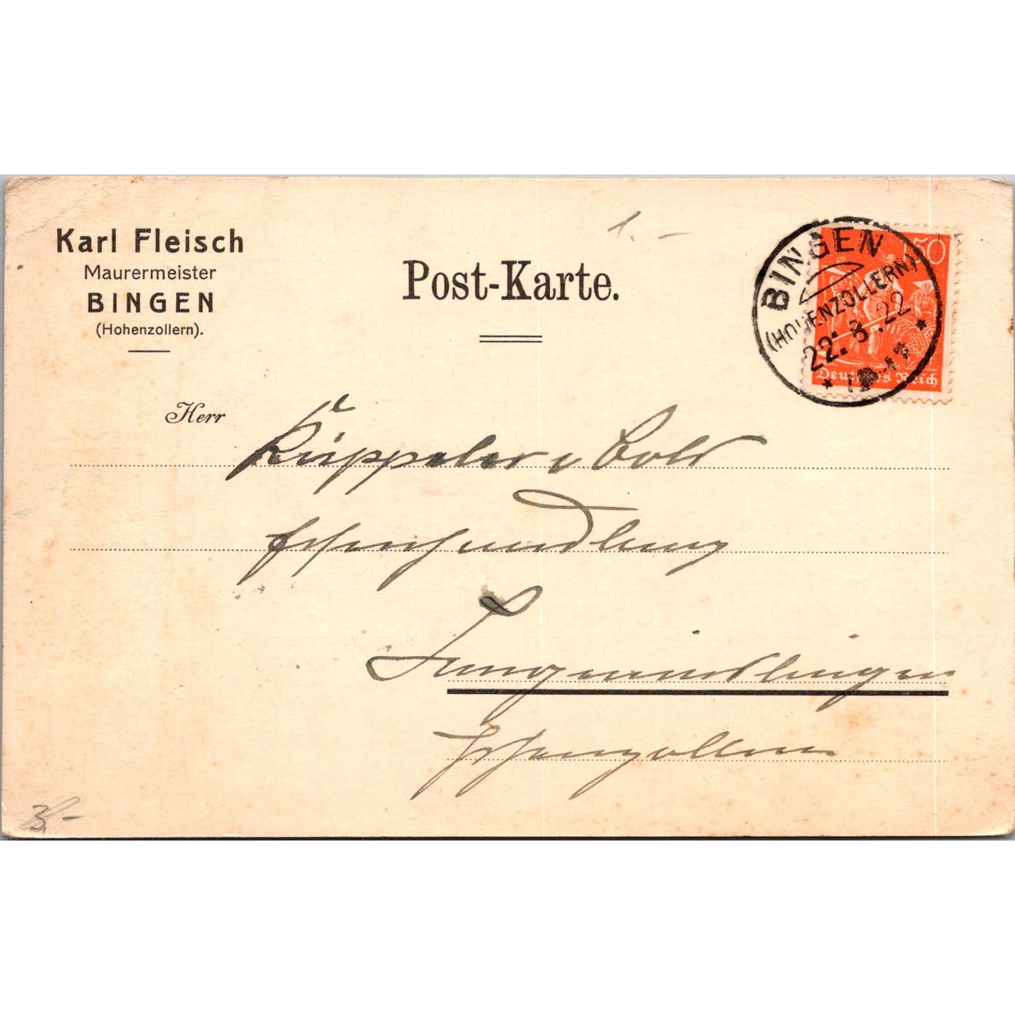 Karl Fleisch Bingen Hohenzollern 1922 German Reich Postcard P5-11