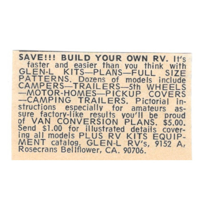 Glen-L RVs Bellflower CA Build Your Own RV 1977 Ad AF6-S1