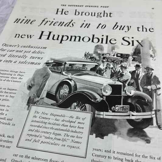 Hupmobile The Six of the Century 1928 Original Magazine Advertisement FL6-8