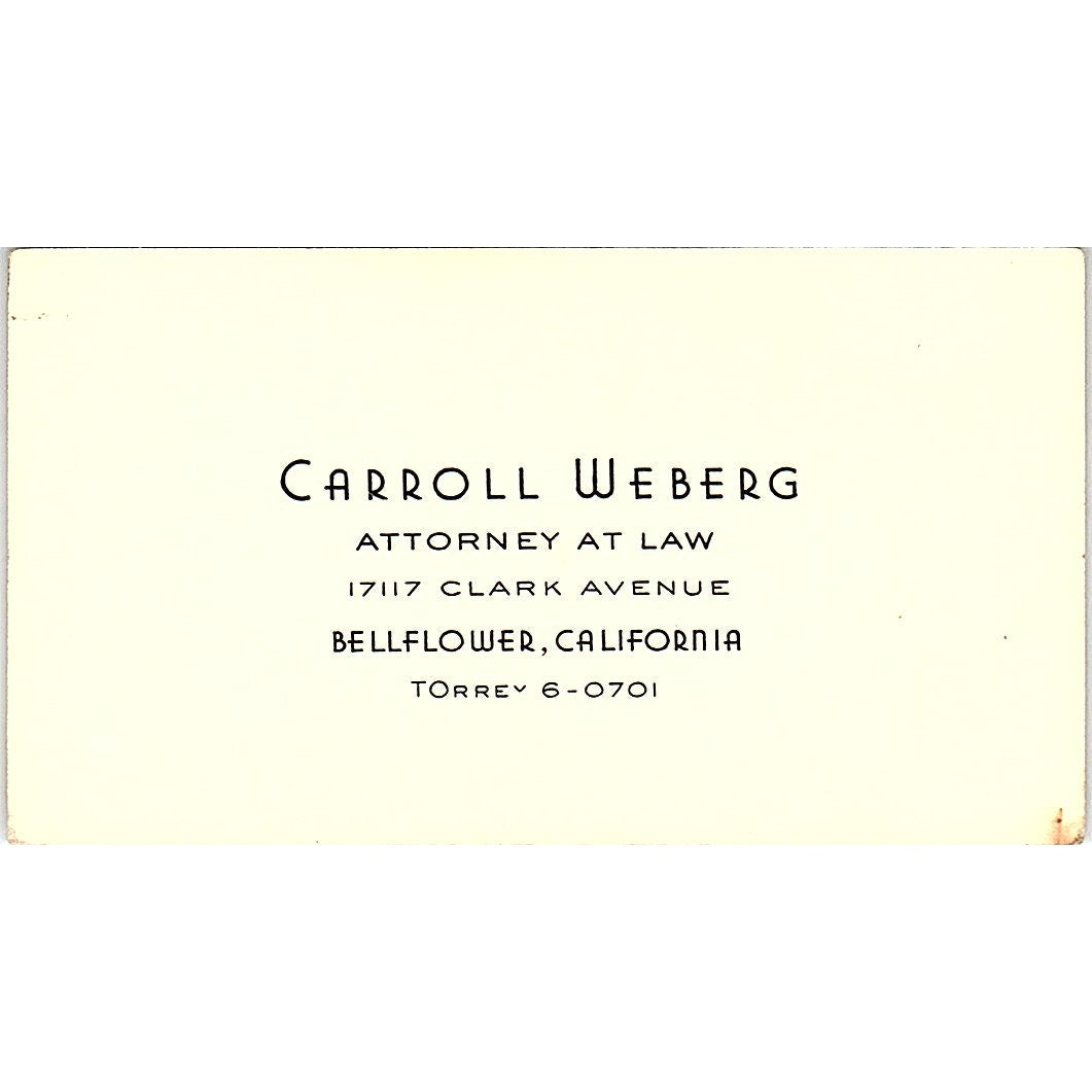 Carroll Weberg Attorney Bellflower CA Vintage Business Card SE3-B12