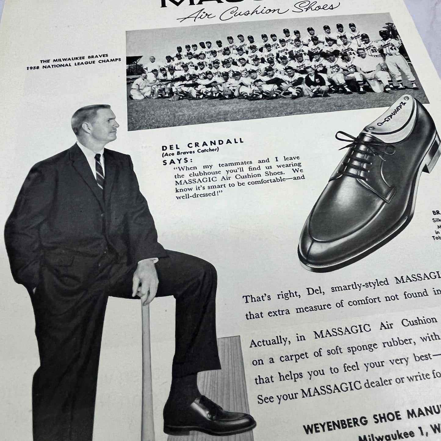 Del Crandall Milwaukee Braves MLB Massagic Shoes Vintage 8x10 Ad V14-5