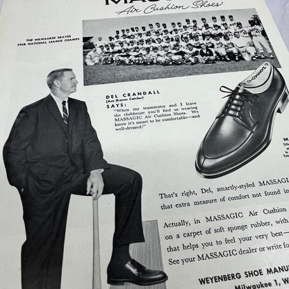 Del Crandall Milwaukee Braves MLB Massagic Shoes Vintage 8x10 Ad V14-5