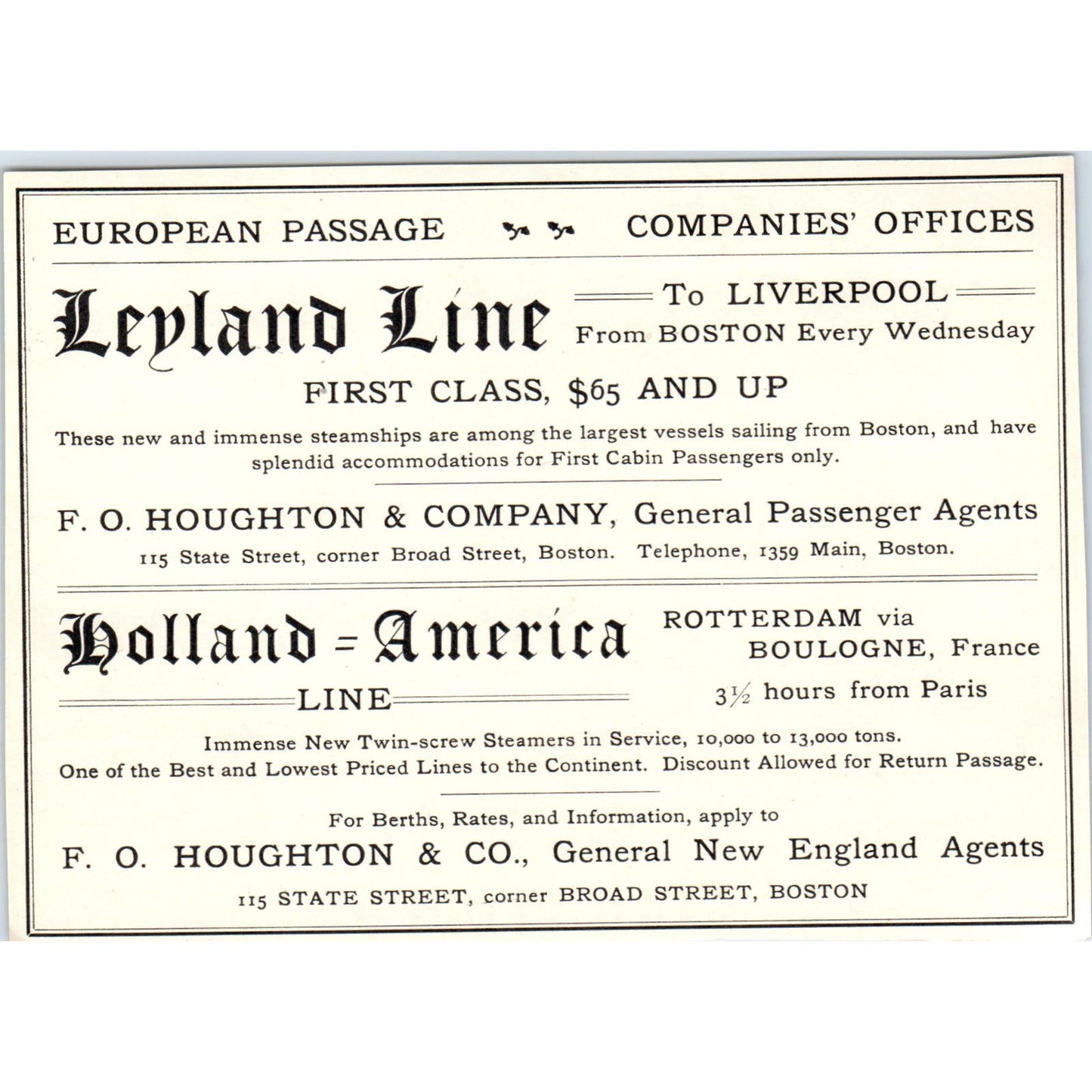 Leyland Line European Passage to Liverpool F.O. Houghton c1905 Ad AE9-MA3