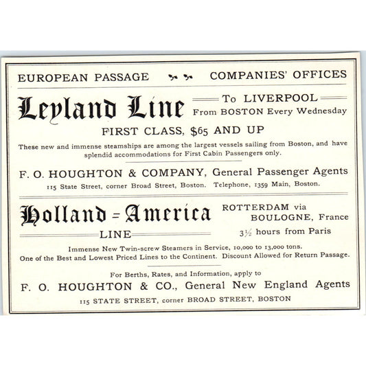 Leyland Line European Passage to Liverpool F.O. Houghton c1905 Ad AE9-MA3