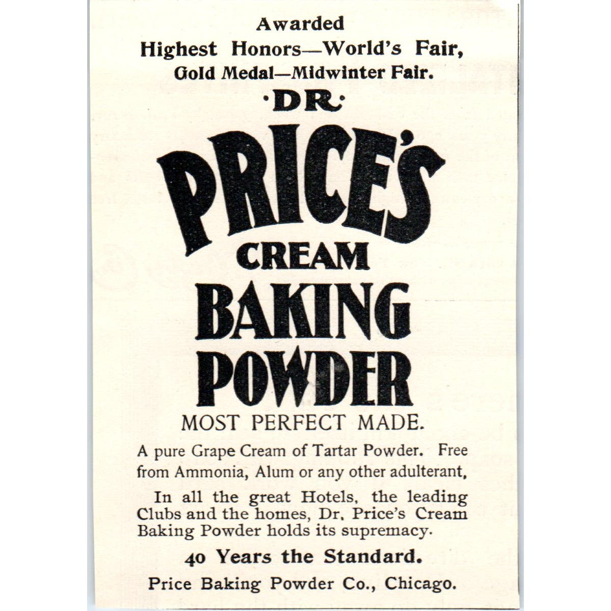 Price's Cream Baking Powder Chicago c1905 Original Magazine Advertisement AE7-A1