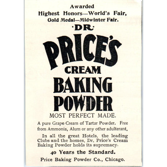 Price's Cream Baking Powder Chicago c1905 Original Magazine Advertisement AE7-A1