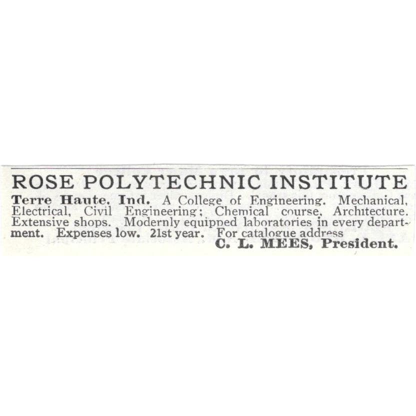Rose Polytechnic Institute Terre Haute IN C.L. Mees c1918 Advertisement AE5-SV4