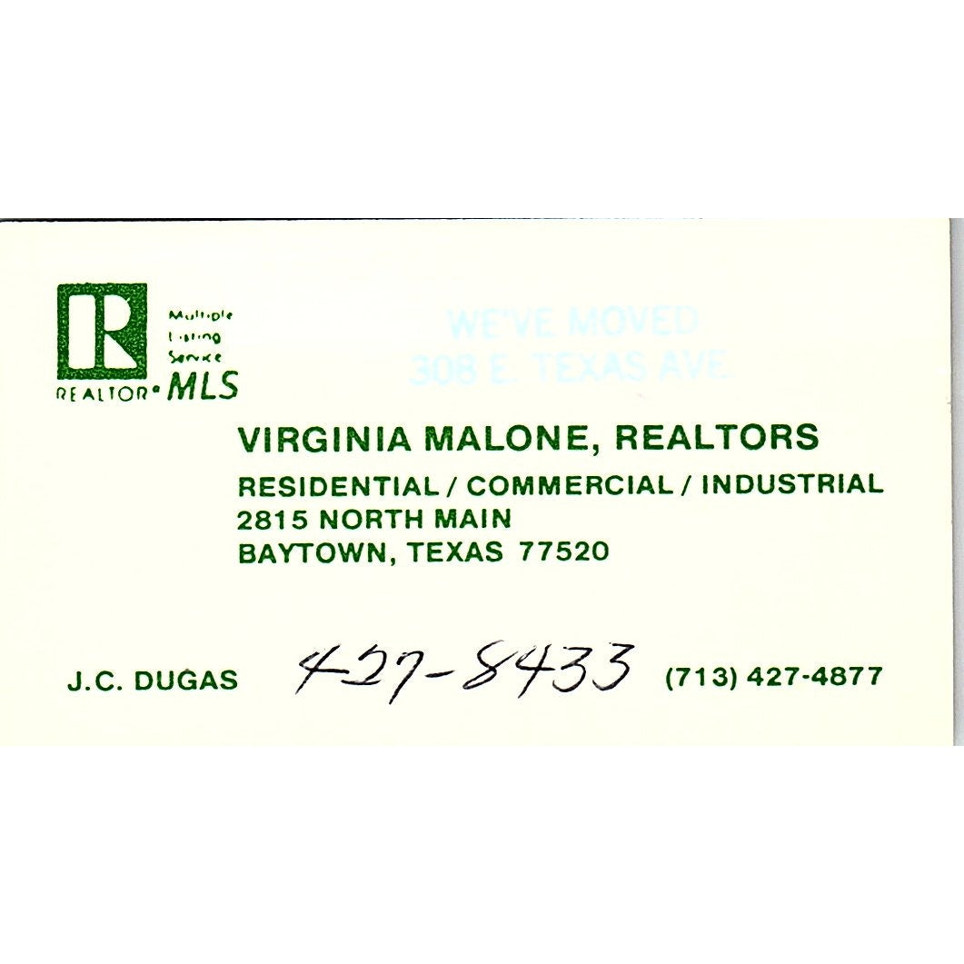 Virginia Malone Realtors J.C. Dugas Baytown TX Vintage Business Card SC9-B7