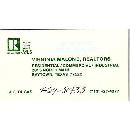 Virginia Malone Realtors J.C. Dugas Baytown TX Vintage Business Card SC9-B7