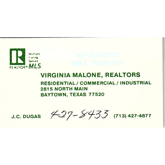 Virginia Malone Realtors J.C. Dugas Baytown TX Vintage Business Card SC9-B7
