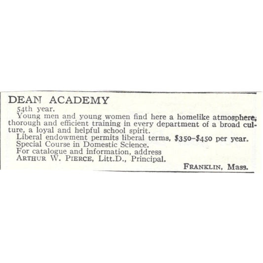 Dean Academy Arthur W. Pierce Franklin MA c1918 Original Advertisement AE5-SA10