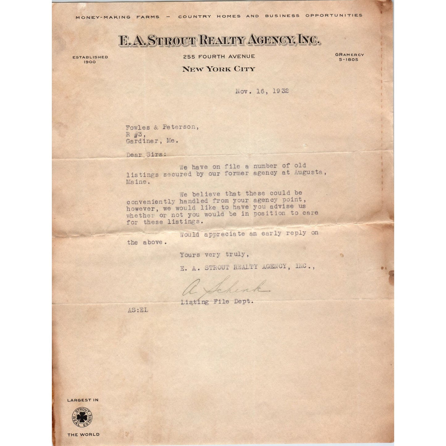 1932 E.A. Strout Realty Agency Inc New York City Billhead Letterhead D17