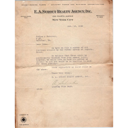 1932 E.A. Strout Realty Agency Inc New York City Billhead Letterhead D17