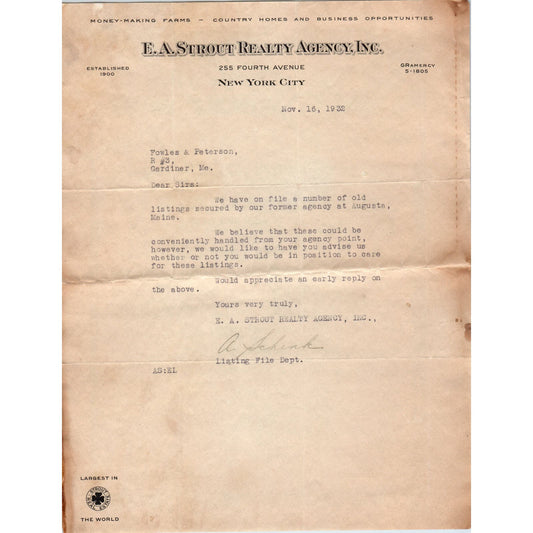 1932 E.A. Strout Realty Agency Inc New York City Billhead Letterhead D17