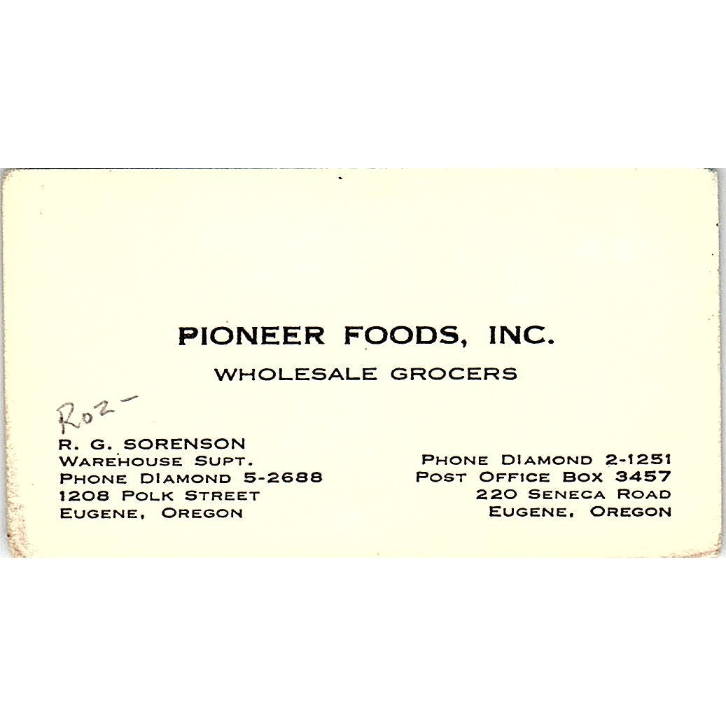 R.G. Roz Sorenson Pioneer Foods Inc Eugene OR Vintage Business Card SD9-B8