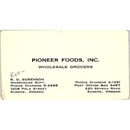 R.G. Roz Sorenson Pioneer Foods Inc Eugene OR Vintage Business Card SD9-B8