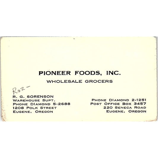 R.G. Roz Sorenson Pioneer Foods Inc Eugene OR Vintage Business Card SD9-B8