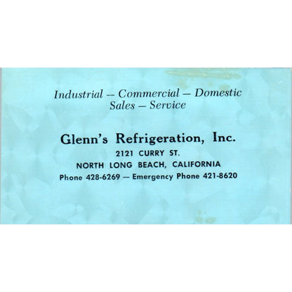 Glenn's Refrigeration Inc North Long Beach CA Vintage Business Card SD4-B1