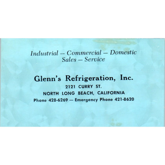 Glenn's Refrigeration Inc North Long Beach CA Vintage Business Card SD4-B1